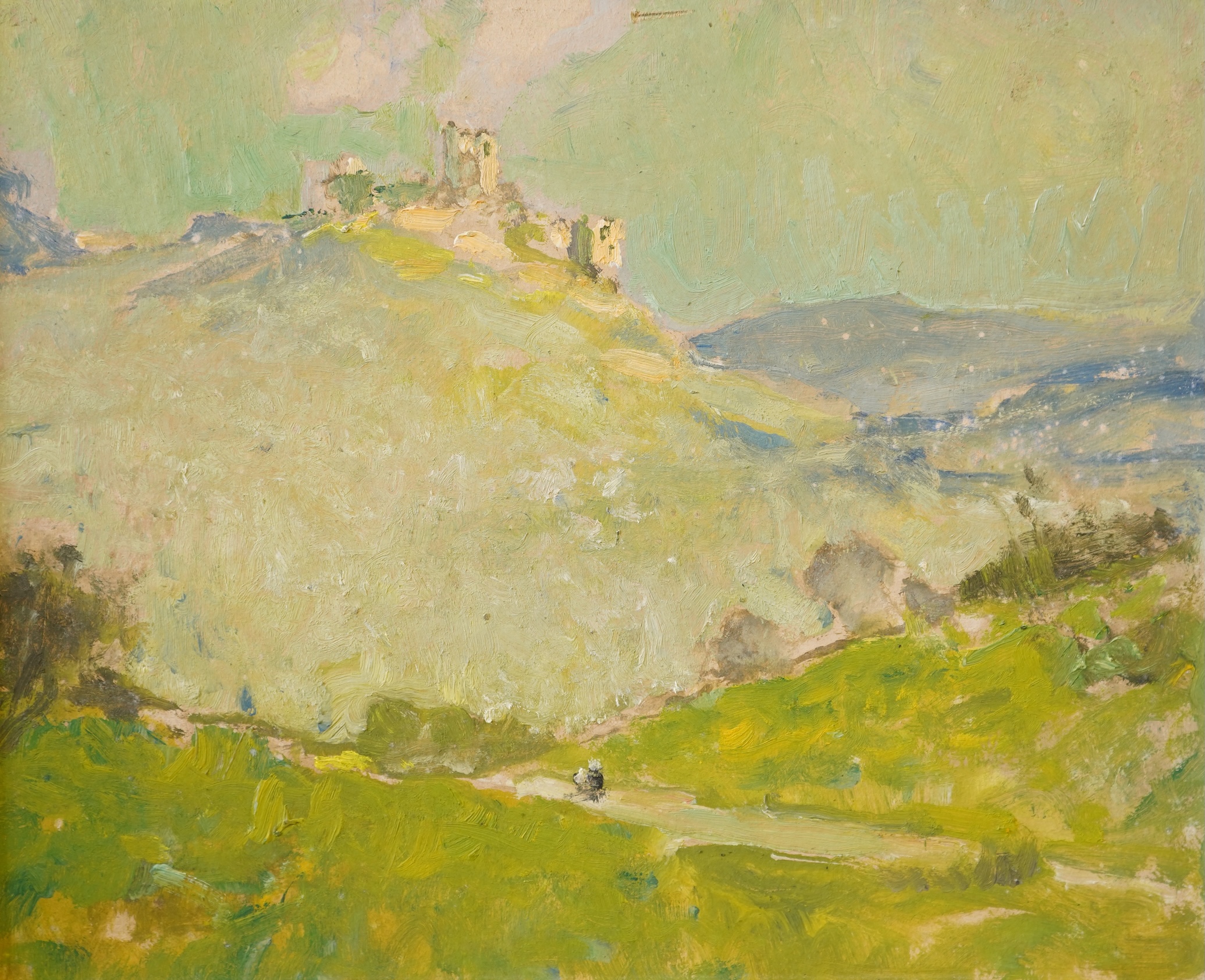 Arthur Spooner (1873-1962), Landscape with castle ruins, unsigned, oil on board, 29 x 35cm, Provenance - Artists summer studio, East coast.